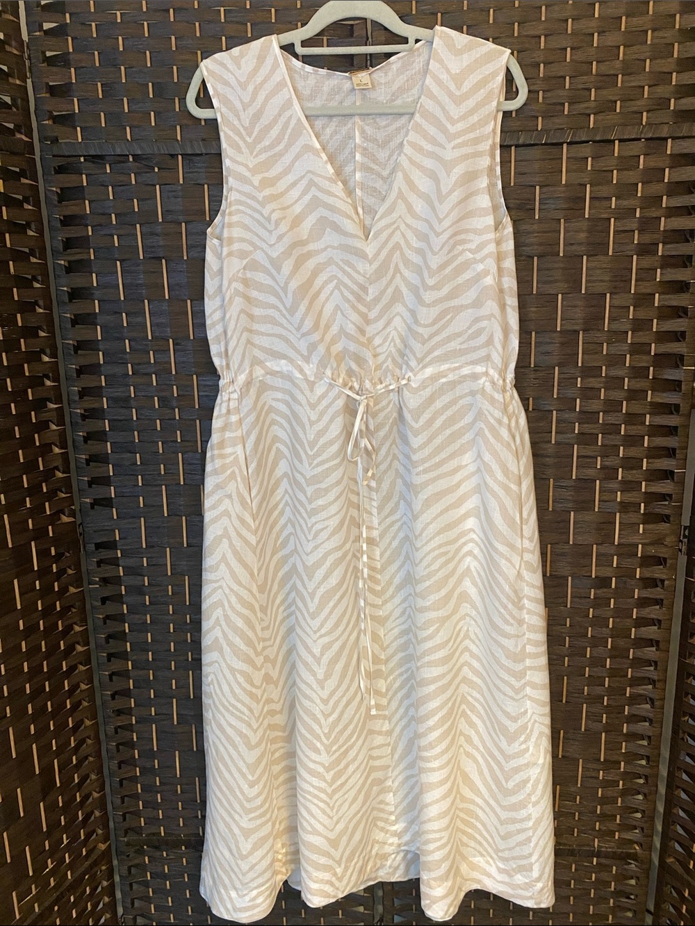 Magaschoni Beige Zebra-Print Sleeveless 100% Linen Maxi Dress - Size L - Pockets